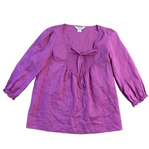 Allison Taylor 100% Linen Pleated Peasant Blouse Cottagecore Orchid Purple M